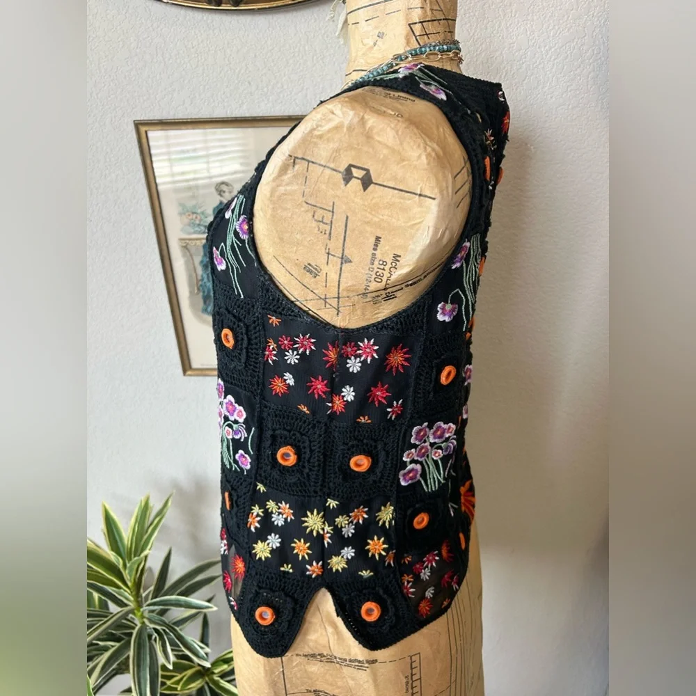 Jenni Max Y2K Black Colorful Crochet Embroider Sequin Silk Blend Boho Blouse XL - Picture 9 of 9